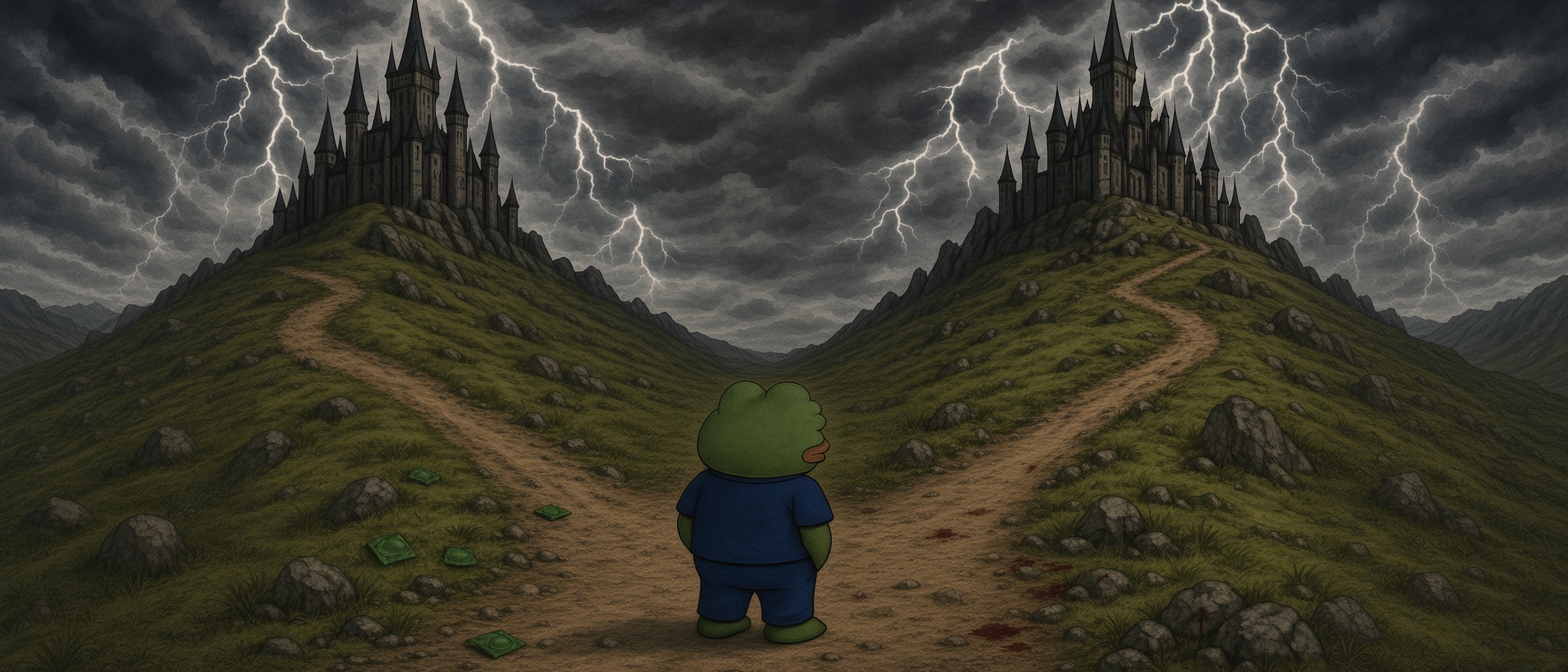 A hooded anon standing at a fork in a dirt road, two storm-lit castles on distant hilltops - one path scattered with condom wrappers, the other with blood splatters.